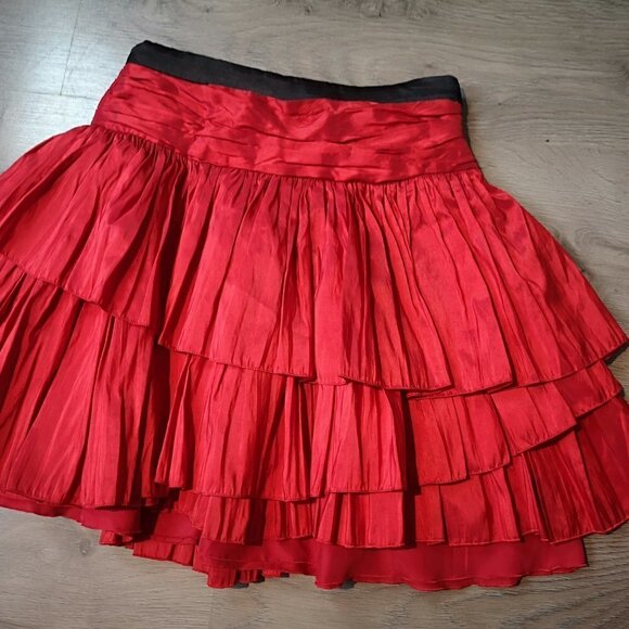 Women's Vintage Upcycled Taffeta RED Pleated Multi-tiered Mini Skirt - Picture 9 of 16